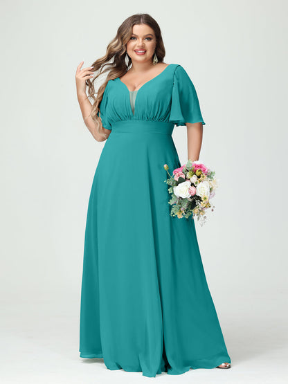 A-Line/Princess V-Neck Half Sleeves Chiffon Plus Size Bridesmaid Dresses with Pockets