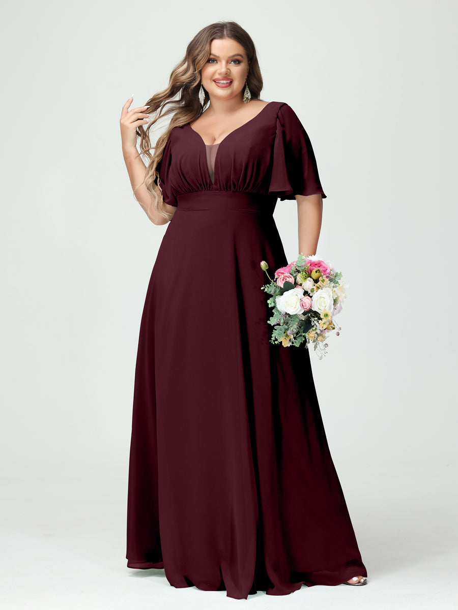 A-Line/Princess V-Neck Half Sleeves Chiffon Plus Size Bridesmaid Dresses with Pockets