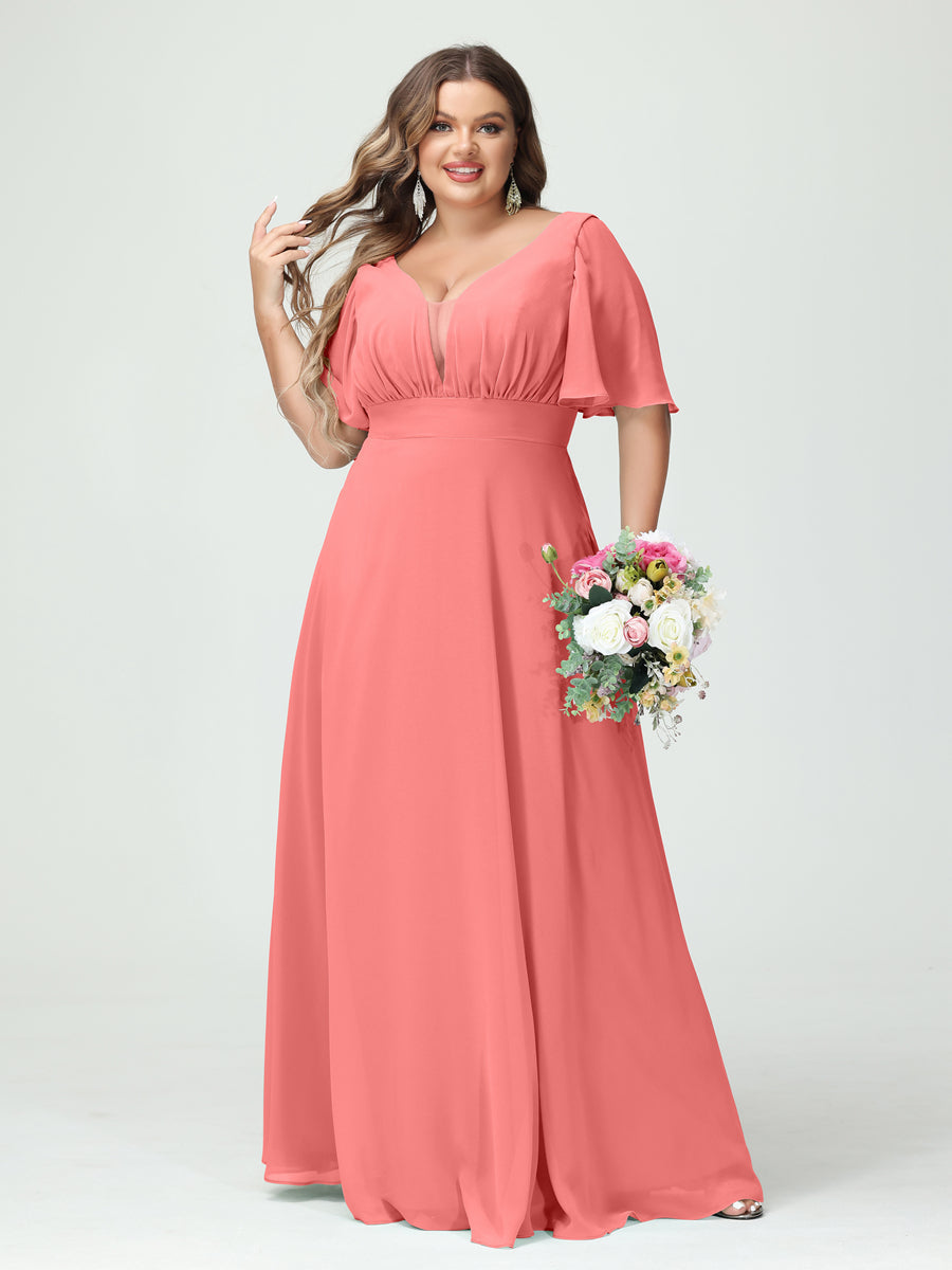 Plus Size Bridesmaid Dresses for Wedding Flowy Chiffon V-Neck Ruched Prom  Evening Gown Long with Slit Blush Pink US22W at  Women's Clothing  store