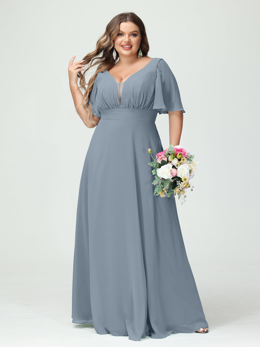 A-Line/Princess V-Neck Half Sleeves Chiffon Plus Size Bridesmaid Dresses with Pockets