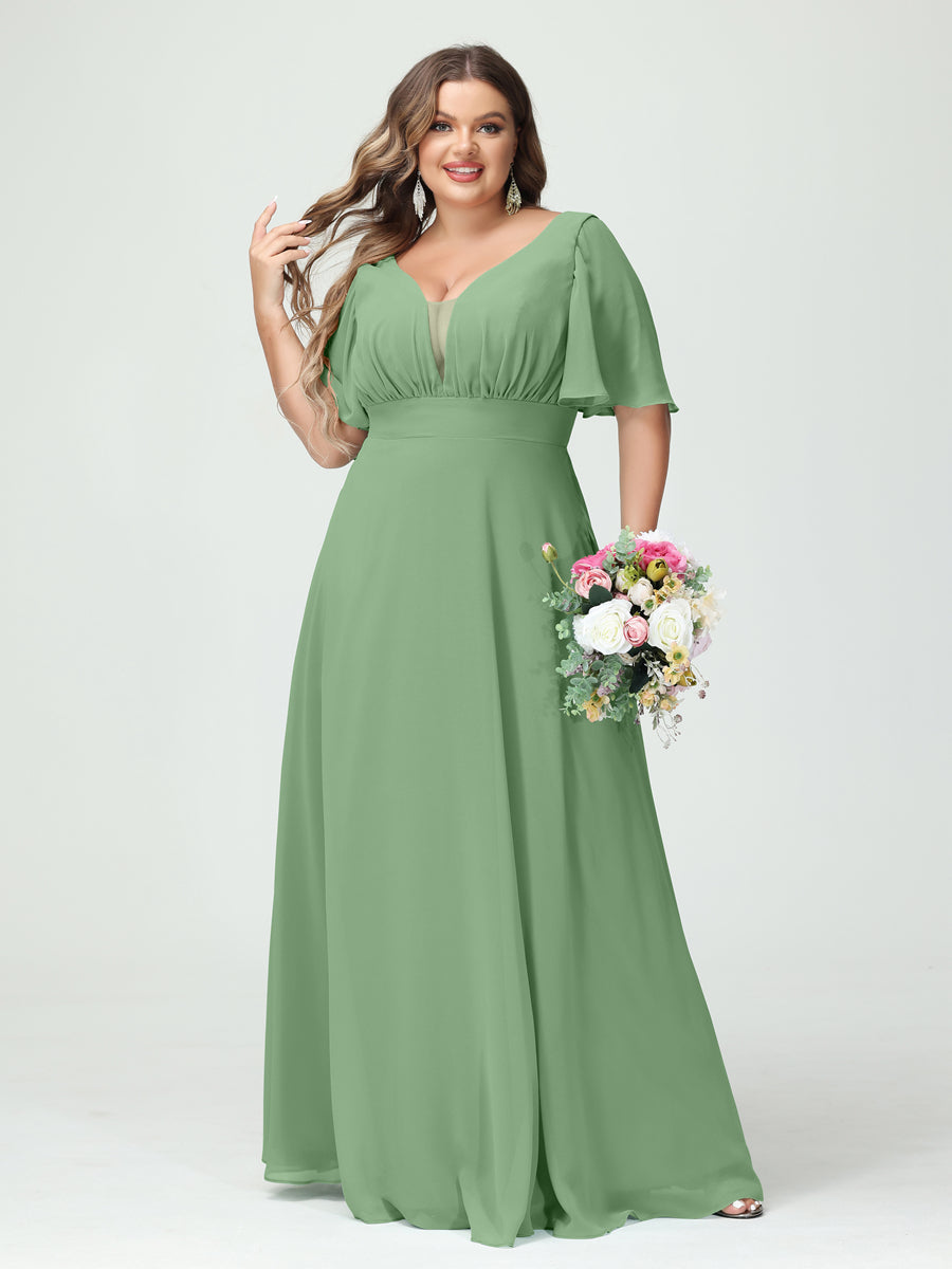 A-Line/Princess V-Neck Half Sleeves Chiffon Plus Size Bridesmaid Dresses with Pockets