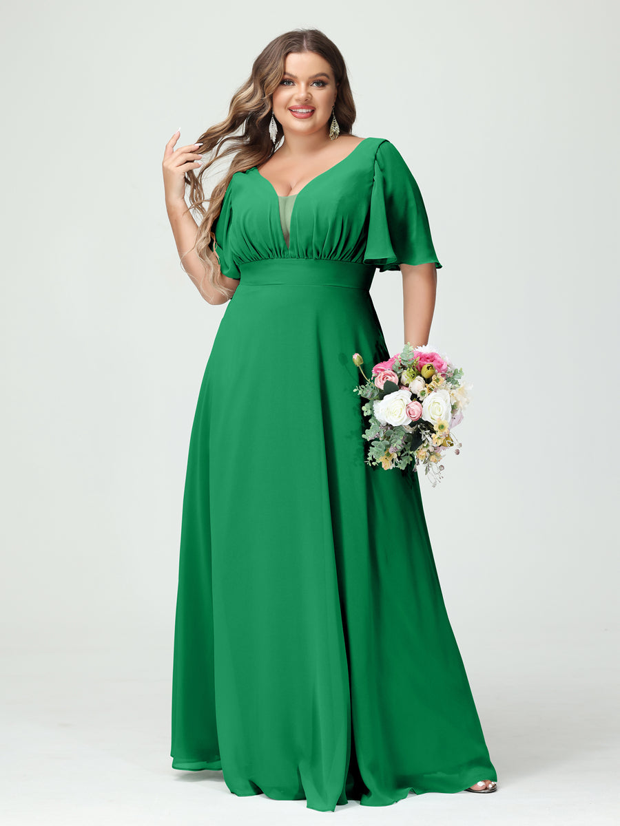 A-Line/Princess V-Neck Half Sleeves Chiffon Plus Size Bridesmaid Dresses with Pockets