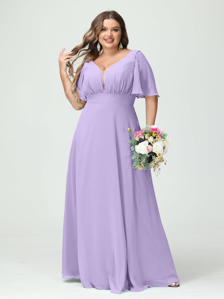 A-Line/Princess V-Neck Half Sleeves Chiffon Plus Size Bridesmaid