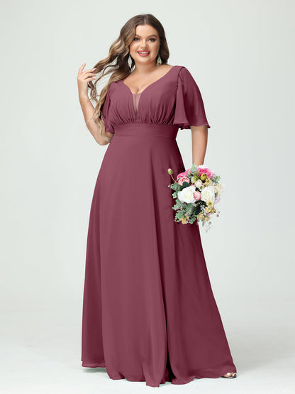 A-Line/Princess V-Neck Half Sleeves Chiffon Plus Size Bridesmaid Dresses with Pockets