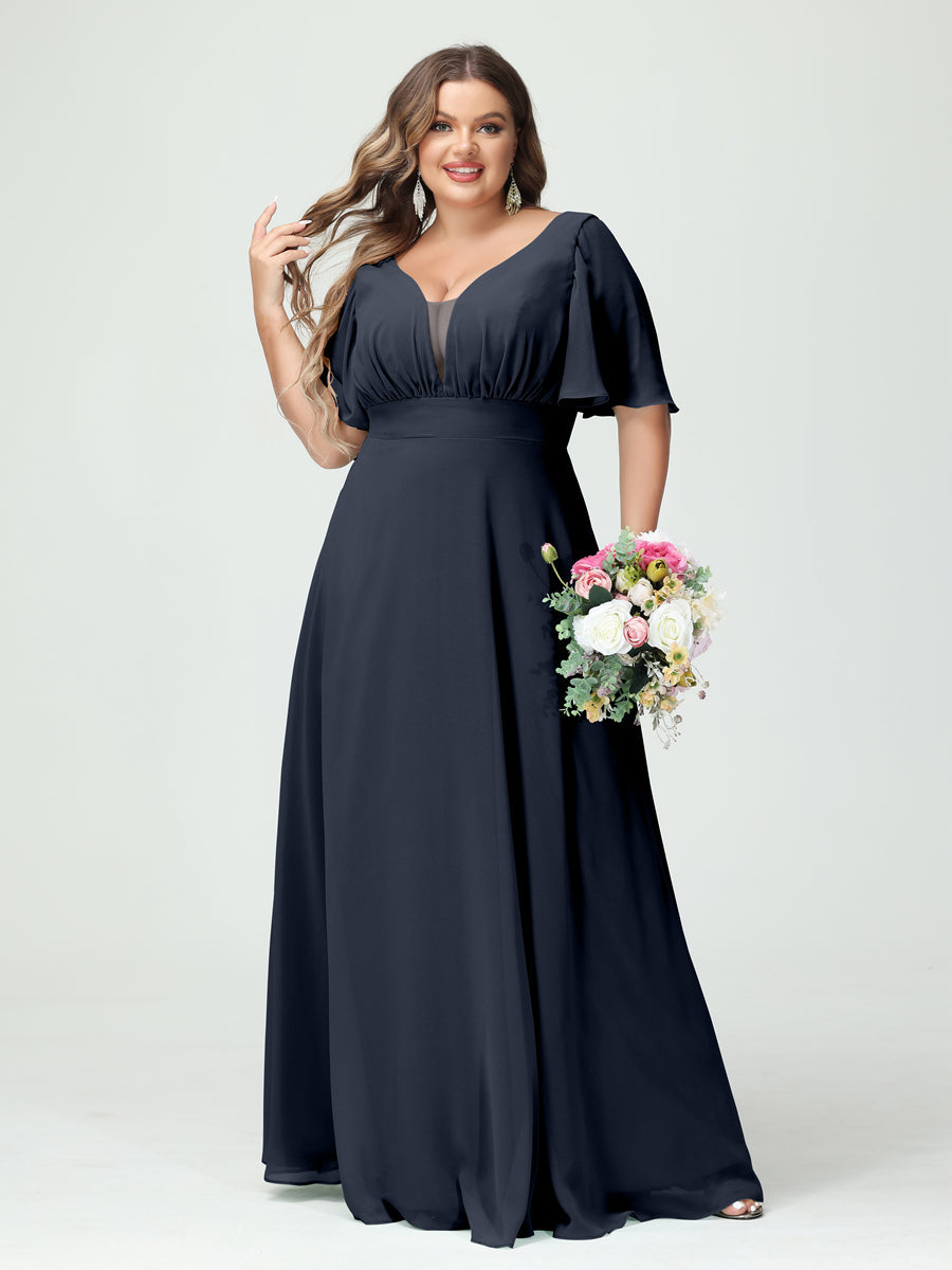 A-Line/Princess V-Neck Half Sleeves Chiffon Plus Size Bridesmaid Dresses with Pockets