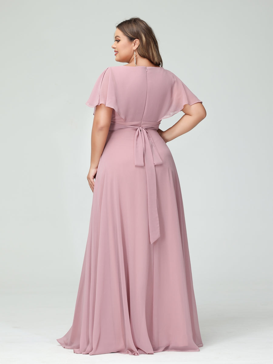 A-Line/Princess V-Neck Short Sleeves Chiffon Plus Size Bridesmaid Dresses with Pockets