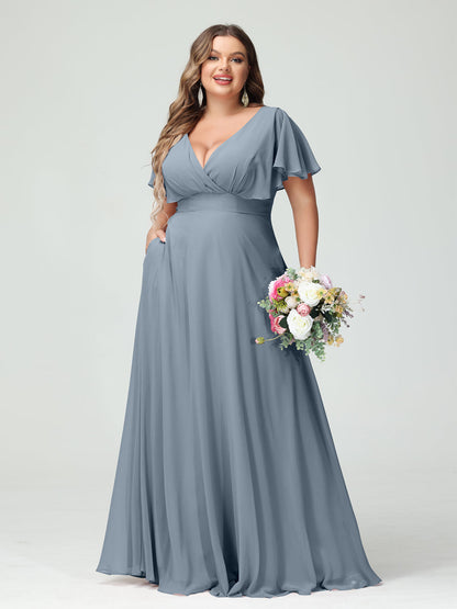 A-Line/Princess V-Neck Short Sleeves Chiffon Plus Size Bridesmaid Dresses with Pockets