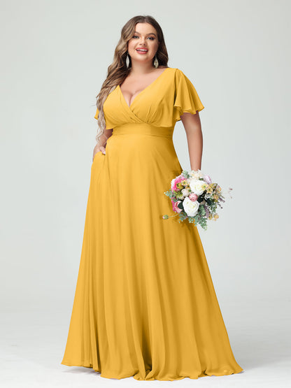 A-Line/Princess V-Neck Short Sleeves Chiffon Plus Size Bridesmaid Dresses with Pockets