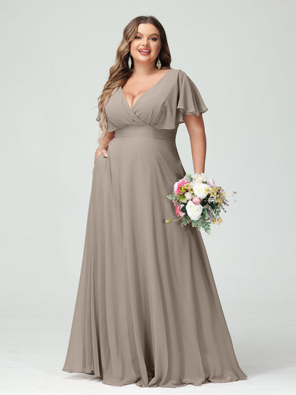 A-Line/Princess V-Neck Short Sleeves Chiffon Plus Size Bridesmaid Dresses with Pockets