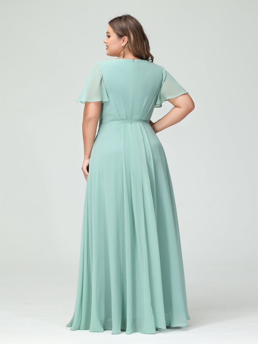 A-Line/Princess V-Neck Short Sleeves Chiffon Split Side Plus Size Bridesmaid Dresses with Pockets Belt