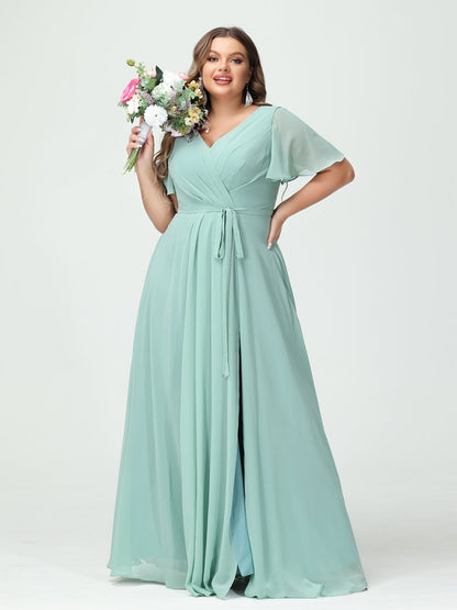 A-Line/Princess V-Neck Short Sleeves Chiffon Split Side Plus Size Bridesmaid Dresses with Pockets Belt