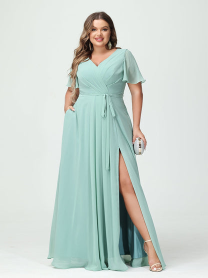 A-Line/Princess V-Neck Short Sleeves Chiffon Split Side Plus Size Bridesmaid Dresses with Pockets Belt