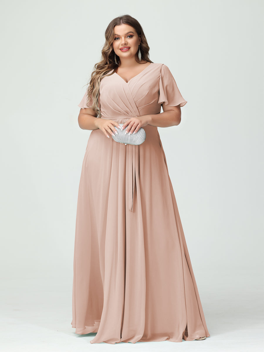 A-Line/Princess V-Neck Short Sleeves Chiffon Split Side Plus Size Bridesmaid Dresses with Pockets Belt