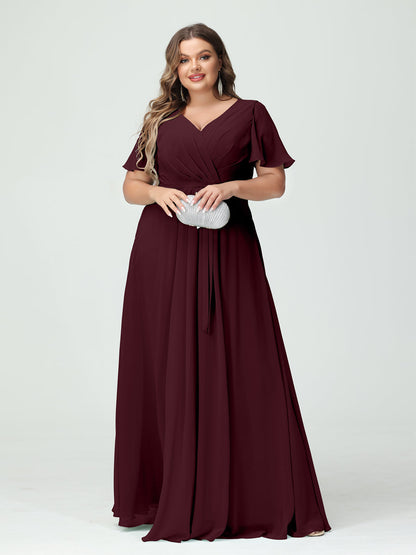 A-Line/Princess V-Neck Short Sleeves Chiffon Split Side Plus Size Bridesmaid Dresses with Pockets Belt