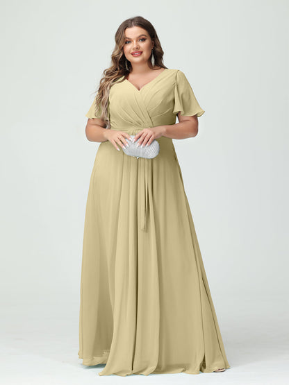 A-Line/Princess V-Neck Short Sleeves Chiffon Split Side Plus Size Bridesmaid Dresses with Pockets Belt