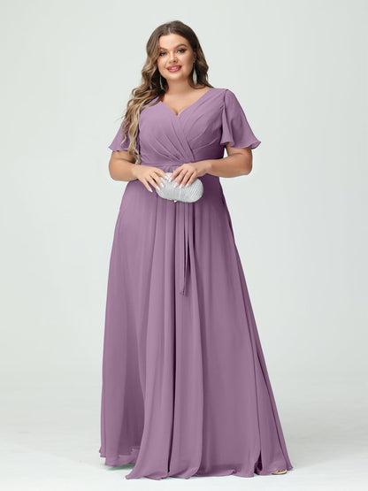 A-Line/Princess V-Neck Short Sleeves Chiffon Split Side Plus Size Bridesmaid Dresses with Pockets Belt