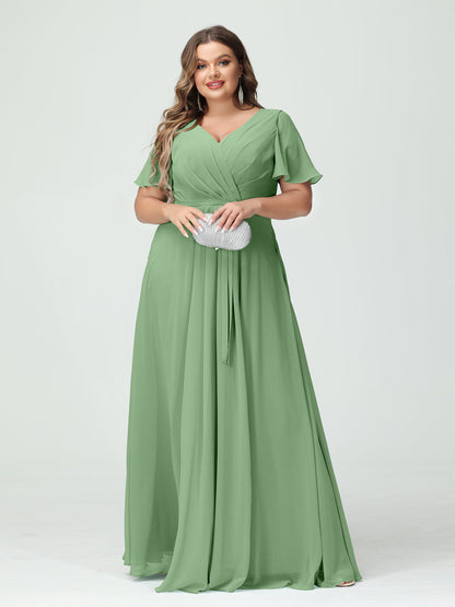 A-Line/Princess V-Neck Short Sleeves Chiffon Split Side Plus Size Bridesmaid Dresses with Pockets Belt