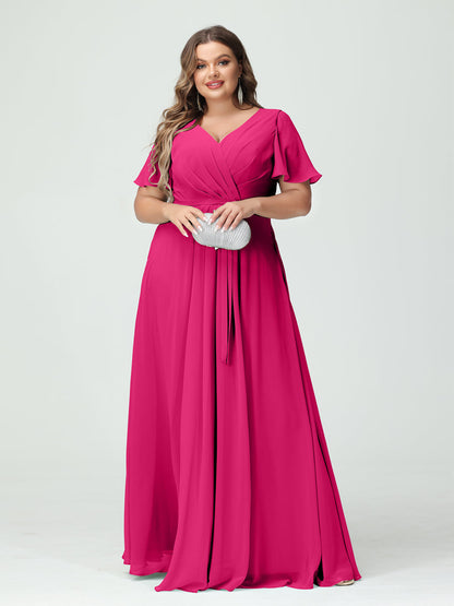 A-Line/Princess V-Neck Short Sleeves Chiffon Split Side Plus Size Bridesmaid Dresses with Pockets Belt