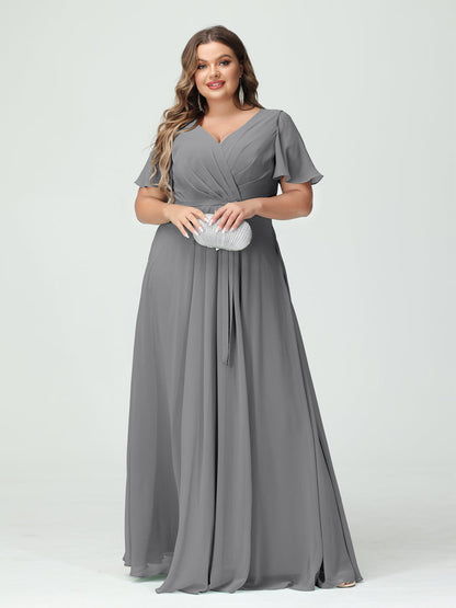 A-Line/Princess V-Neck Short Sleeves Chiffon Split Side Plus Size Bridesmaid Dresses with Pockets Belt