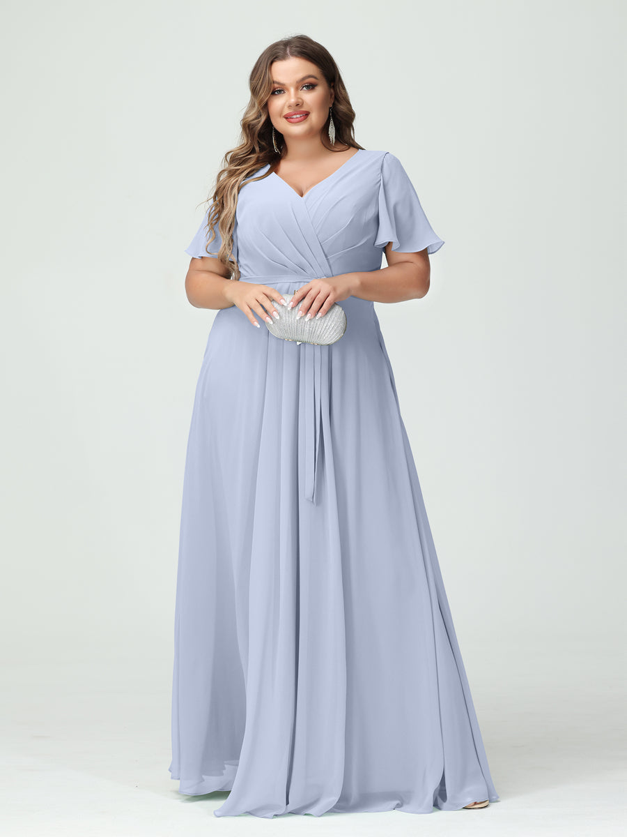 A-Line/Princess V-Neck Short Sleeves Chiffon Split Side Plus Size Bridesmaid Dresses with Pockets Belt