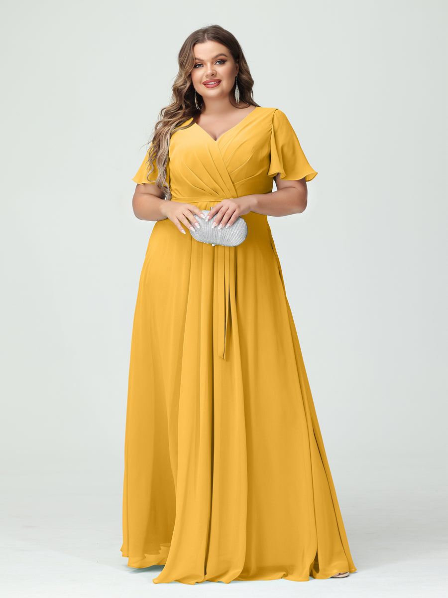 A-Line/Princess V-Neck Short Sleeves Chiffon Split Side Plus Size Bridesmaid Dresses with Pockets Belt