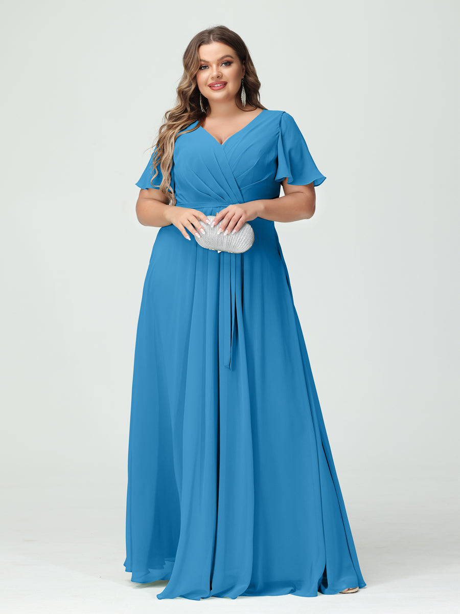 A-Line/Princess V-Neck Short Sleeves Chiffon Split Side Plus Size Bridesmaid Dresses with Pockets Belt