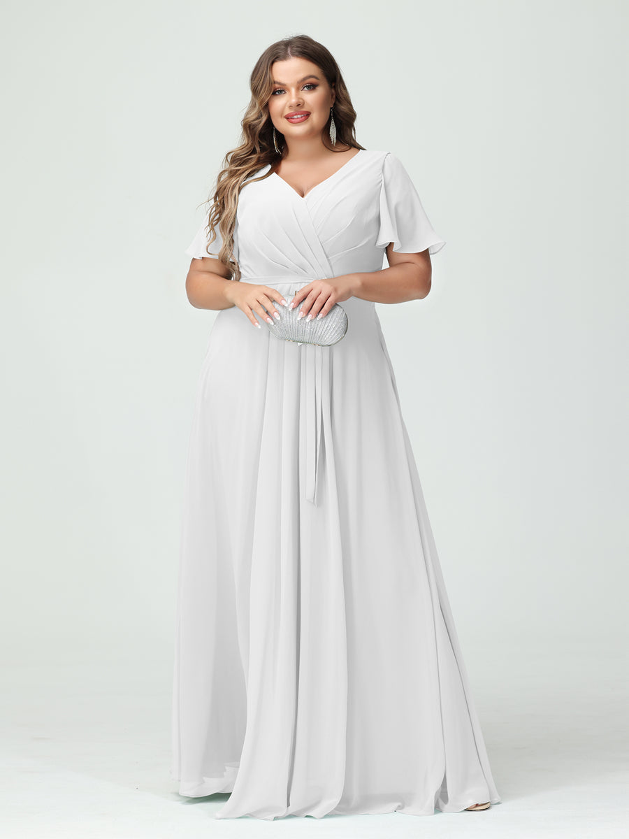 A-Line/Princess V-Neck Short Sleeves Chiffon Split Side Plus Size Bridesmaid Dresses with Pockets Belt