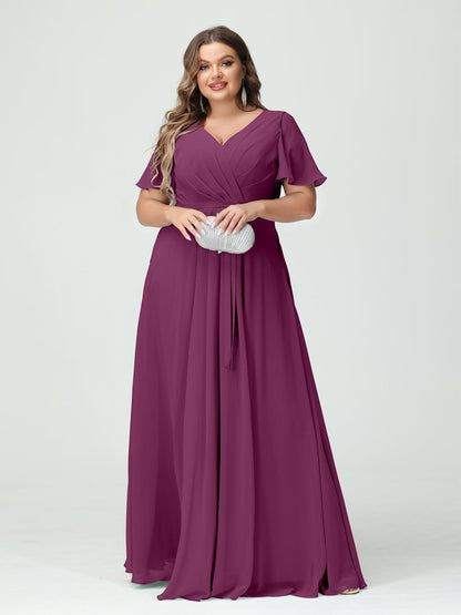 A-Line/Princess V-Neck Short Sleeves Chiffon Split Side Plus Size Bridesmaid Dresses with Pockets Belt