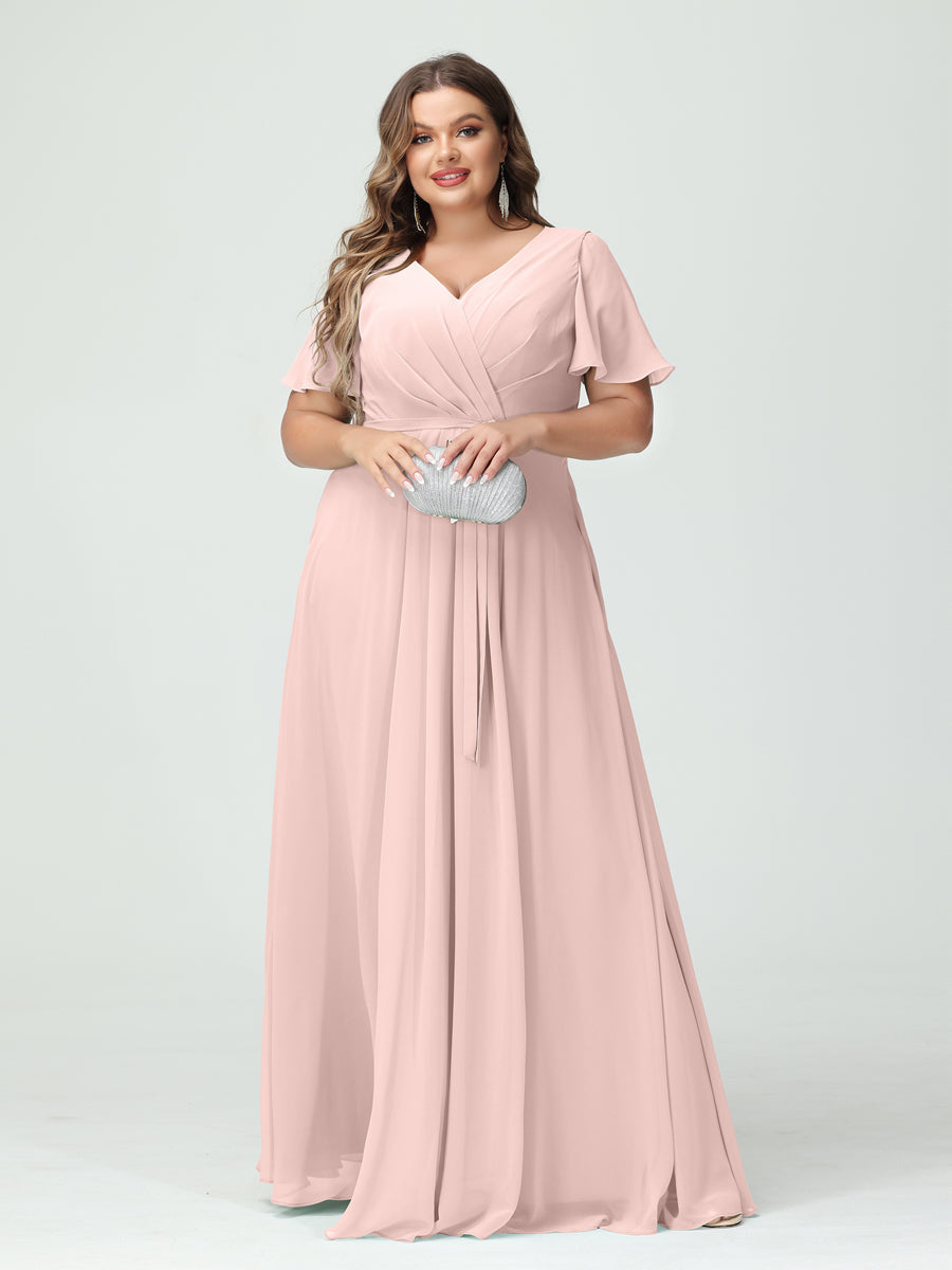 A-Line/Princess V-Neck Short Sleeves Chiffon Split Side Plus Size Bridesmaid Dresses with Pockets Belt