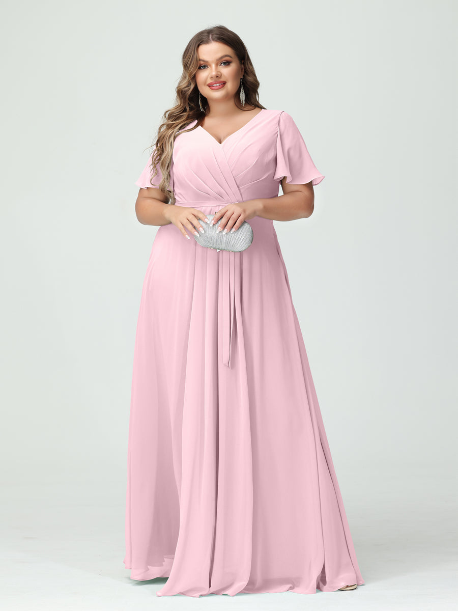 A-Line/Princess V-Neck Short Sleeves Chiffon Split Side Plus Size Bridesmaid Dresses with Pockets Belt