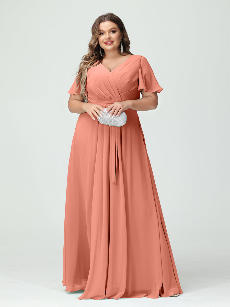 A-Line/Princess V-Neck Short Sleeves Chiffon Split Side Plus Size Bridesmaid Dresses with Pockets Belt