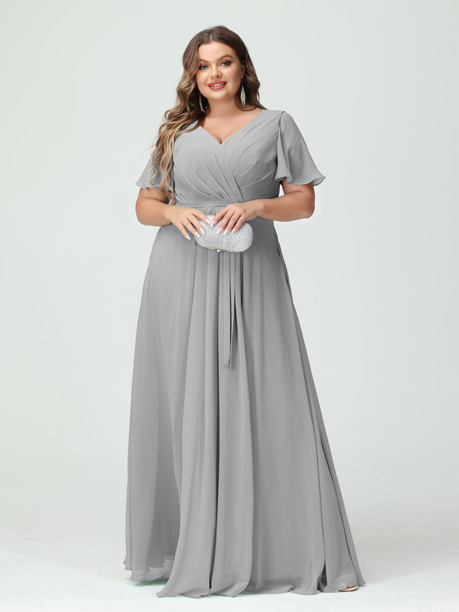 A-Line/Princess V-Neck Short Sleeves Chiffon Split Side Plus Size Bridesmaid Dresses with Pockets Belt