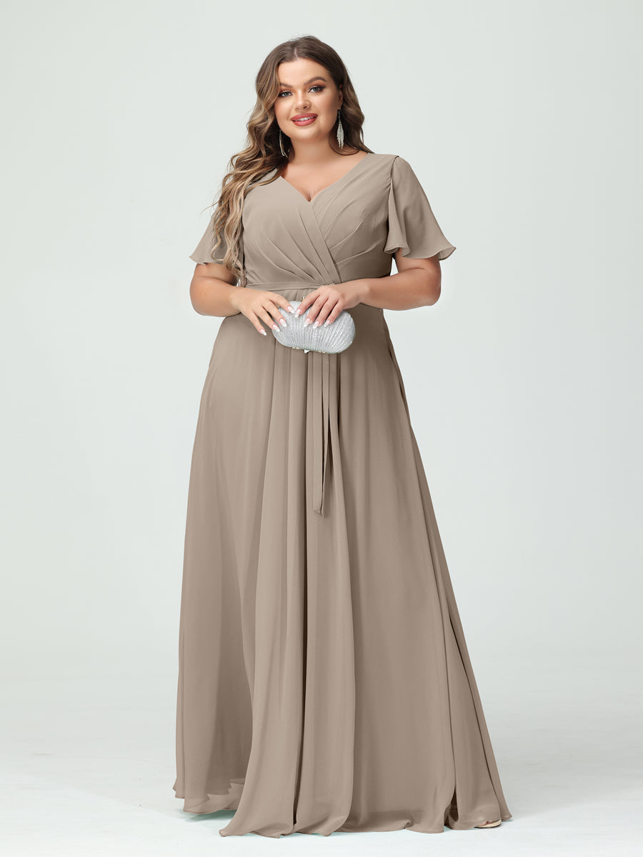 A-Line/Princess V-Neck Short Sleeves Chiffon Split Side Plus Size Bridesmaid Dresses with Pockets Belt