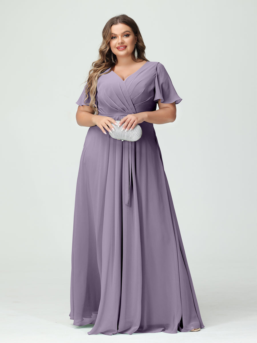 A-Line/Princess V-Neck Short Sleeves Chiffon Split Side Plus Size Bridesmaid Dresses with Pockets Belt