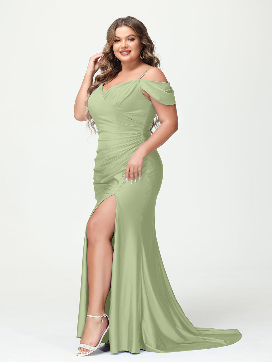 Mermaid Spaghetti Straps V-Neck Short Sleeves Plus Size Maxi Dresses with Split Side