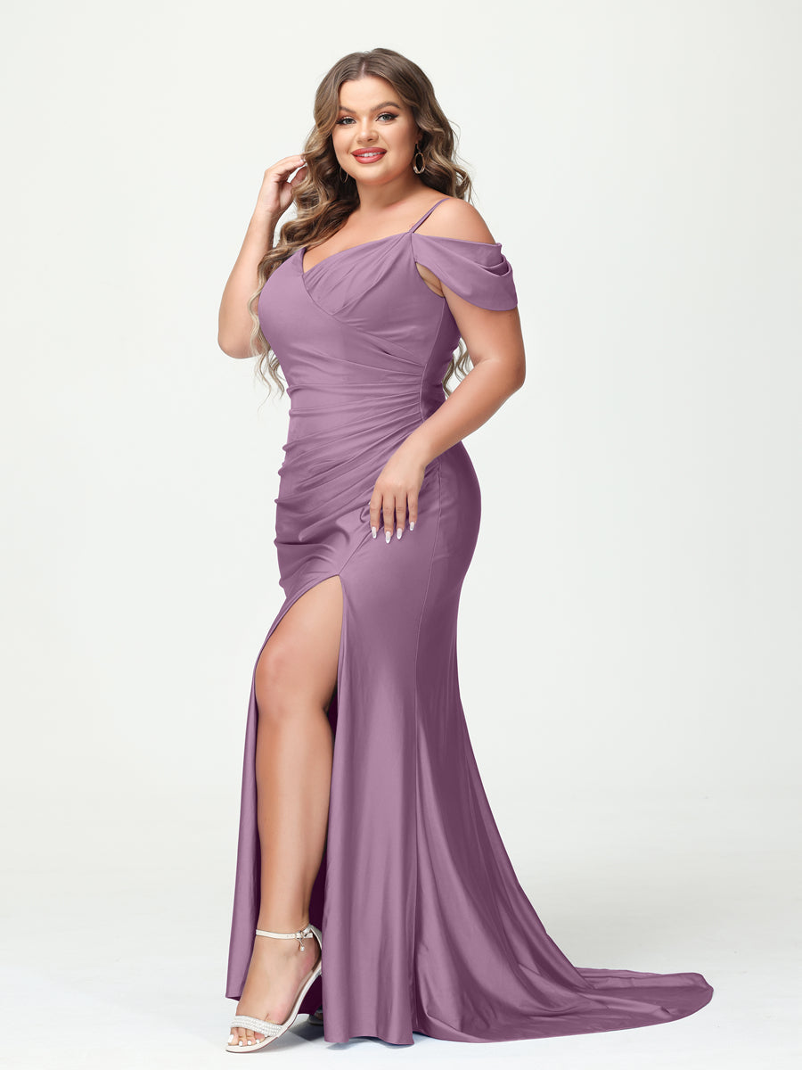 Mermaid Spaghetti Straps V-Neck Short Sleeves Plus Size Maxi Dresses with Split Side