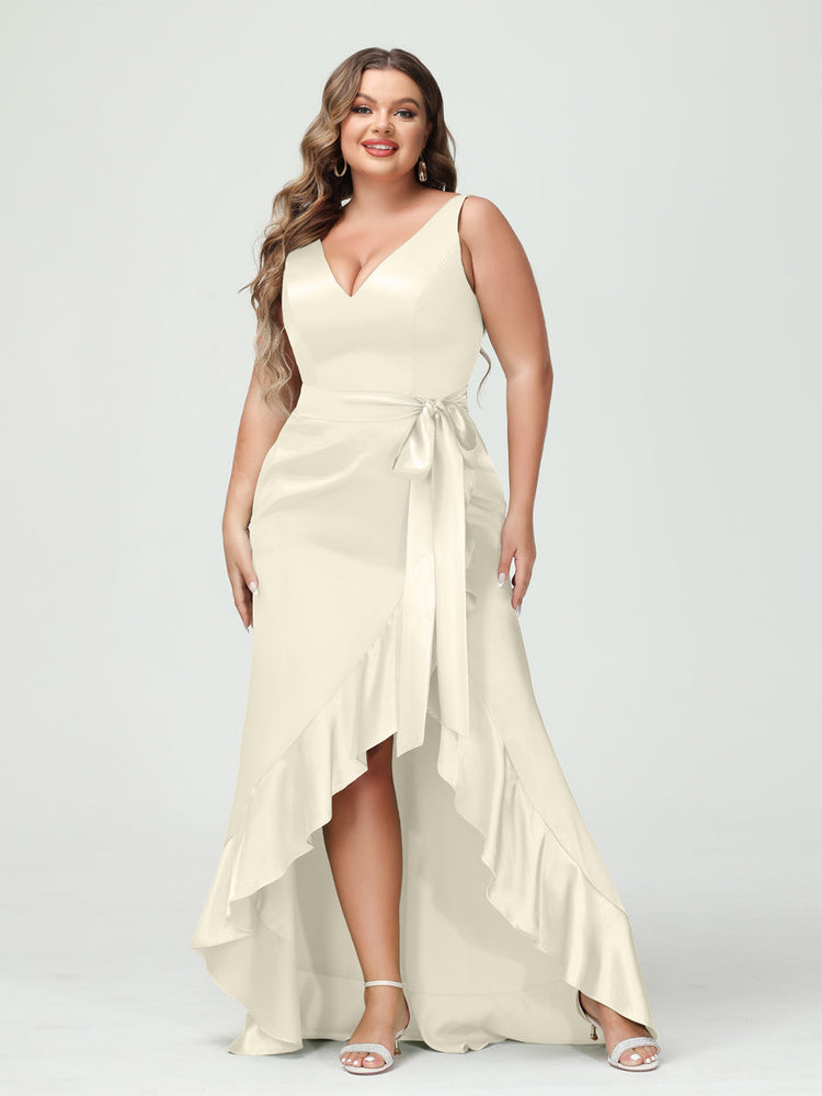 Sheath/Column V-Neck Sleeveless Ruffles High Low Plus Size Dresses  wit-Lavetir