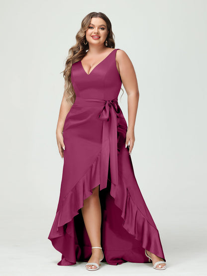 Sheath/Column V-Neck Sleeveless Ruffles High Low Plus Size Dresses with Pockets & Sash