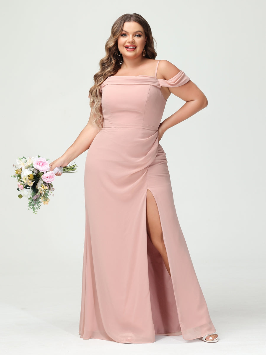 Sheath/Column Spaghetti Straps Off-the-Shoulder Chiffon Split Side Plus Size Bridesmaid Dresses