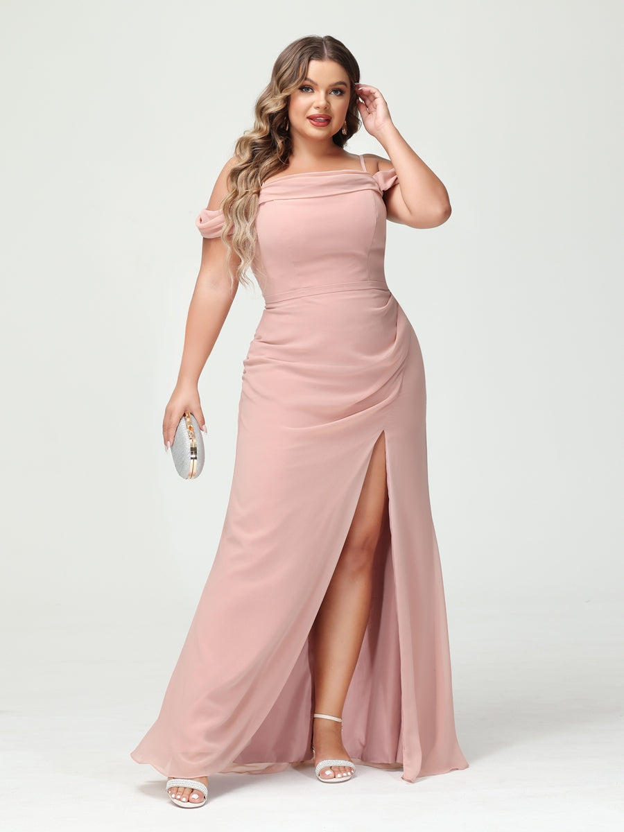 Sheath/Column Spaghetti Straps Off-the-Shoulder Chiffon Split Side Plus Size Bridesmaid Dresses