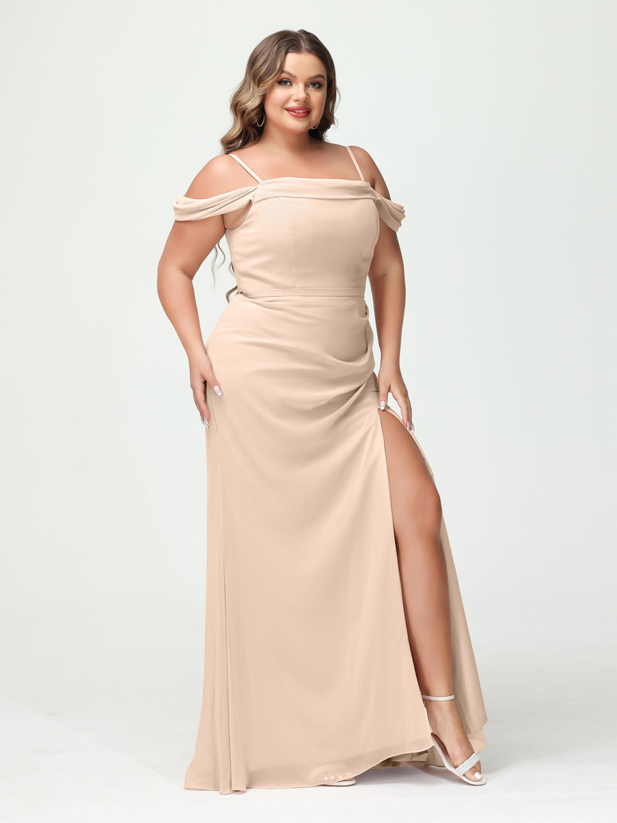 Sheath/Column Spaghetti Straps Off-the-Shoulder Chiffon Split Side Plus Size Bridesmaid Dresses