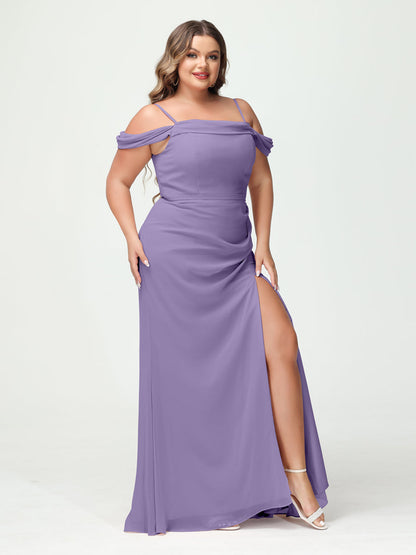 Sheath/Column Spaghetti Straps Off-the-Shoulder Chiffon Split Side Plus Size Bridesmaid Dresses