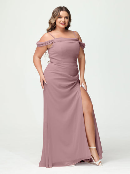 Sheath/Column Spaghetti Straps Off-the-Shoulder Chiffon Split Side Plus Size Bridesmaid Dresses