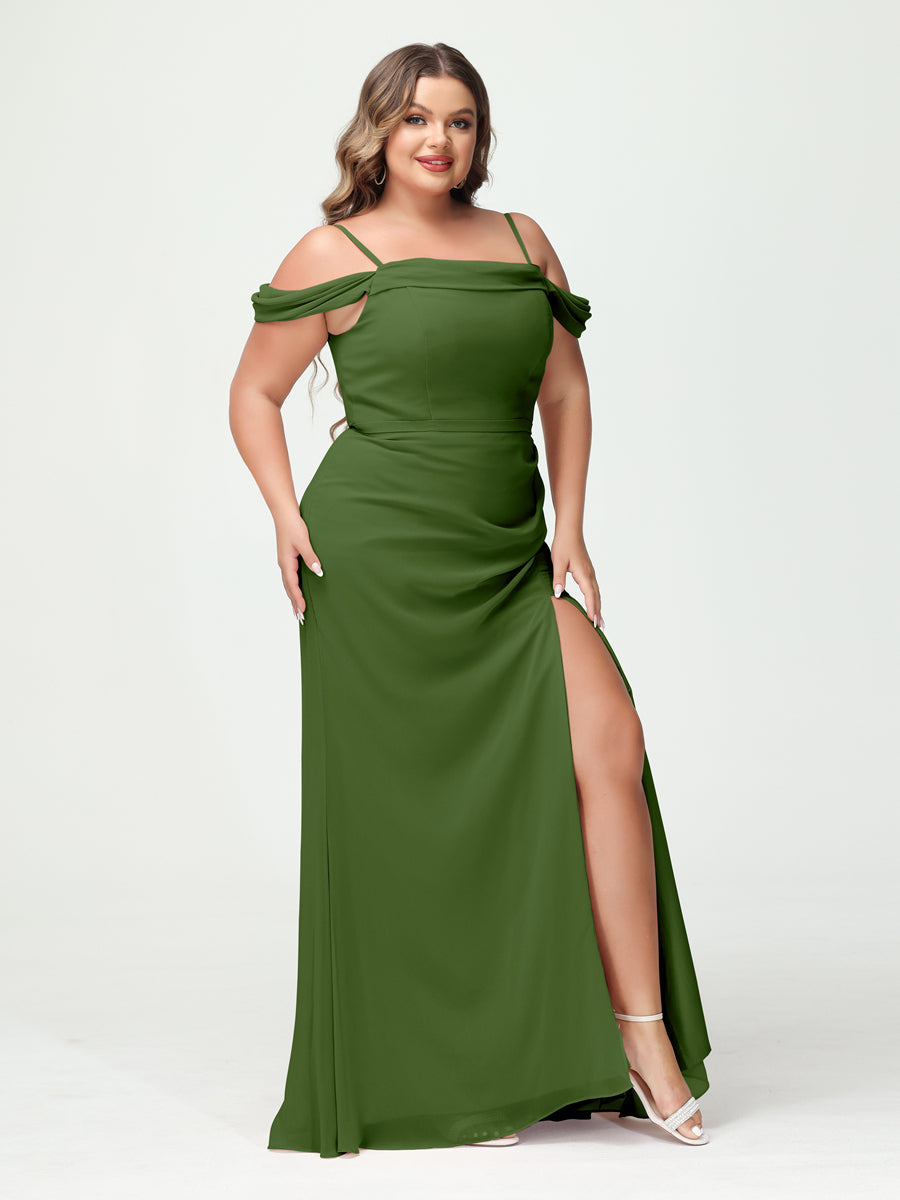 Sheath/Column Spaghetti Straps Off-the-Shoulder Chiffon Split Side Plus Size Bridesmaid Dresses