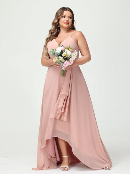 A-Line/Princess Spaghetti Straps Chiffon Ruffles Asymmetrical Plus Size Bridesmaid Dresses with Pockets