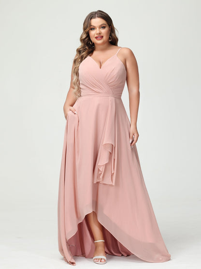 A-Line/Princess Spaghetti Straps Chiffon Ruffles Asymmetrical Plus Size Bridesmaid Dresses with Pockets