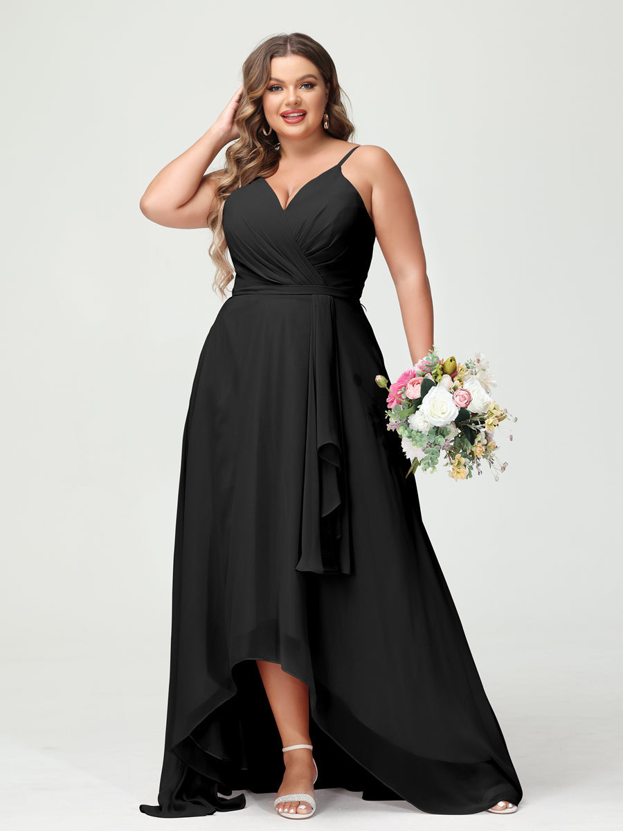 A-Line/Princess Spaghetti Straps Chiffon Ruffles Asymmetrical Plus Size Bridesmaid Dresses with Pockets