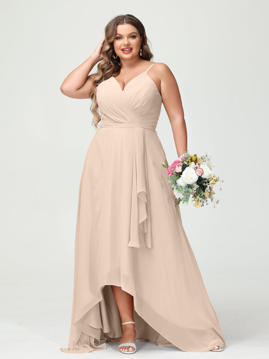 A-Line/Princess Spaghetti Straps Chiffon Ruffles Asymmetrical Plus Size Bridesmaid Dresses with Pockets