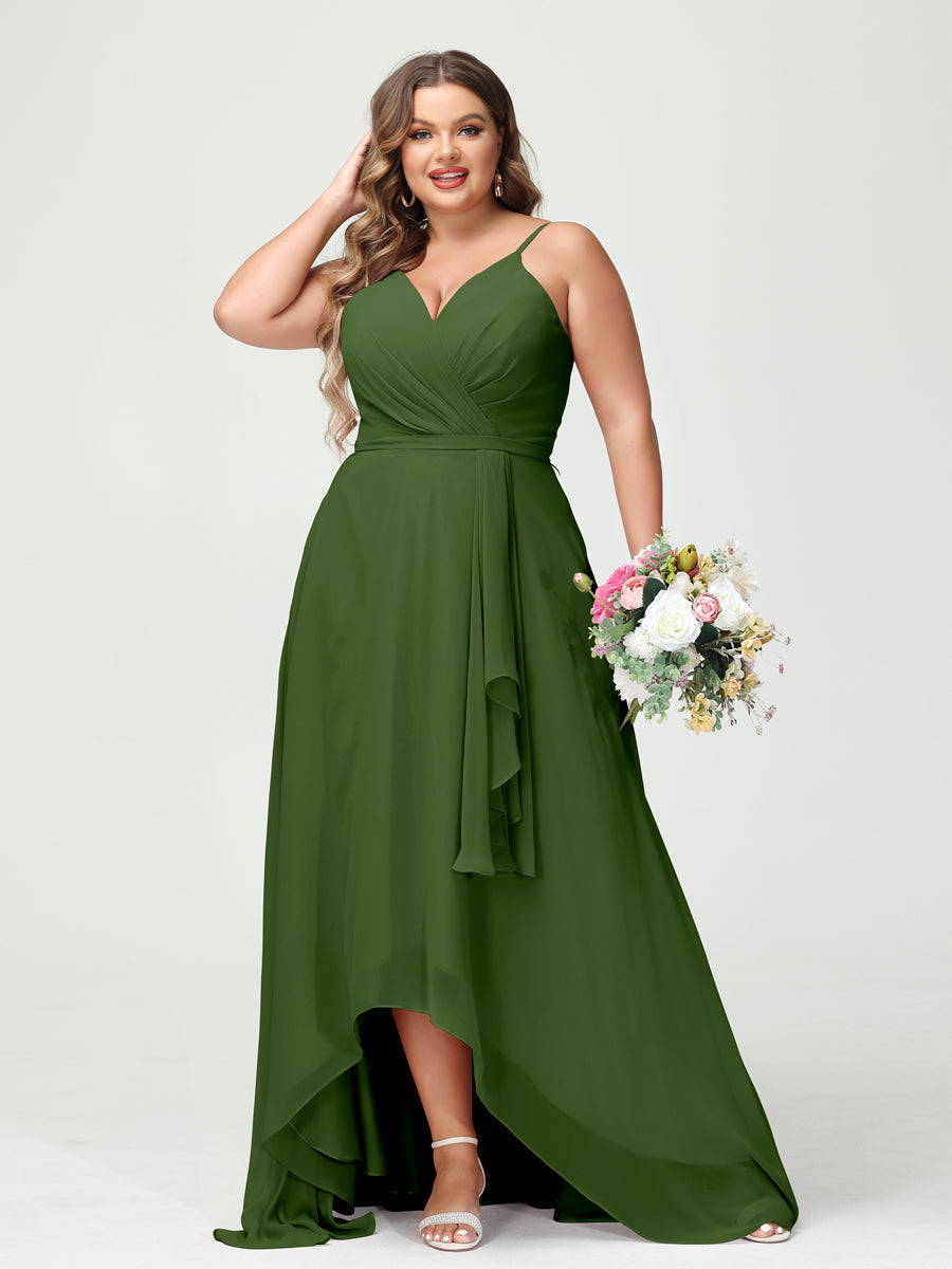 A-Line/Princess Spaghetti Straps Chiffon Ruffles Asymmetrical Plus Size Bridesmaid Dresses with Pockets