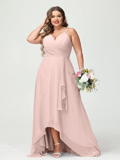 A-Line/Princess Spaghetti Straps Chiffon Ruffles Asymmetrical Plus Size Bridesmaid Dresses with Pockets